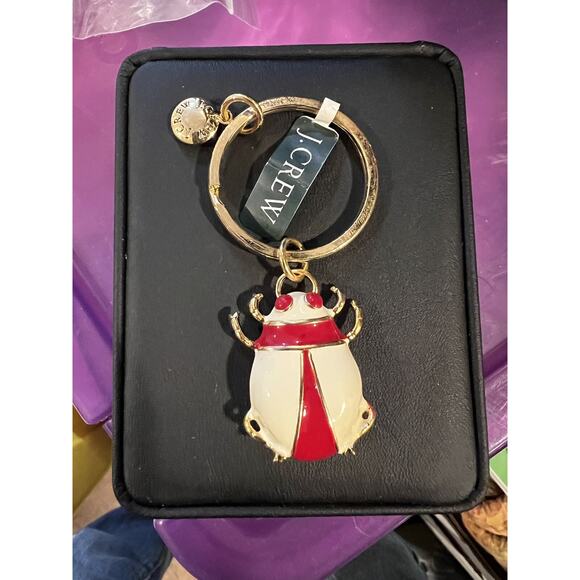 J.Crew Bug Gold-tone Key Ring Chain Red & Off White Enamel ladybug - Picture 1 of 4